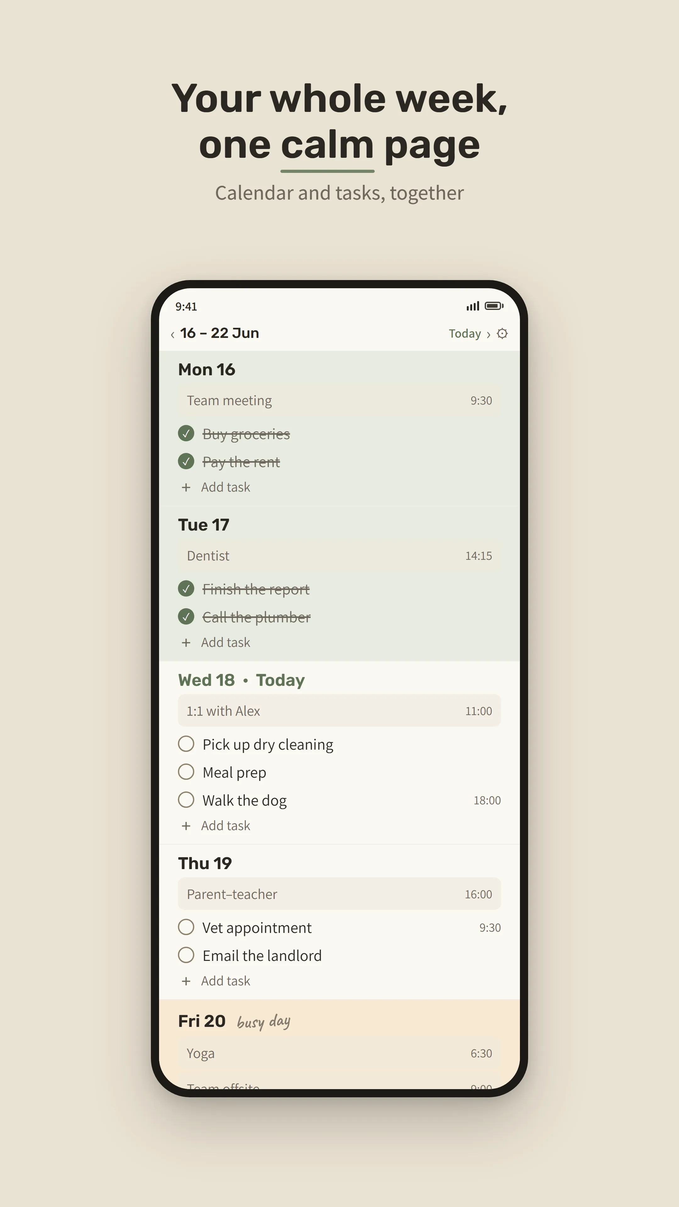 Tend's week view: past days with finished tasks, and today with open tasks beside calendar events.